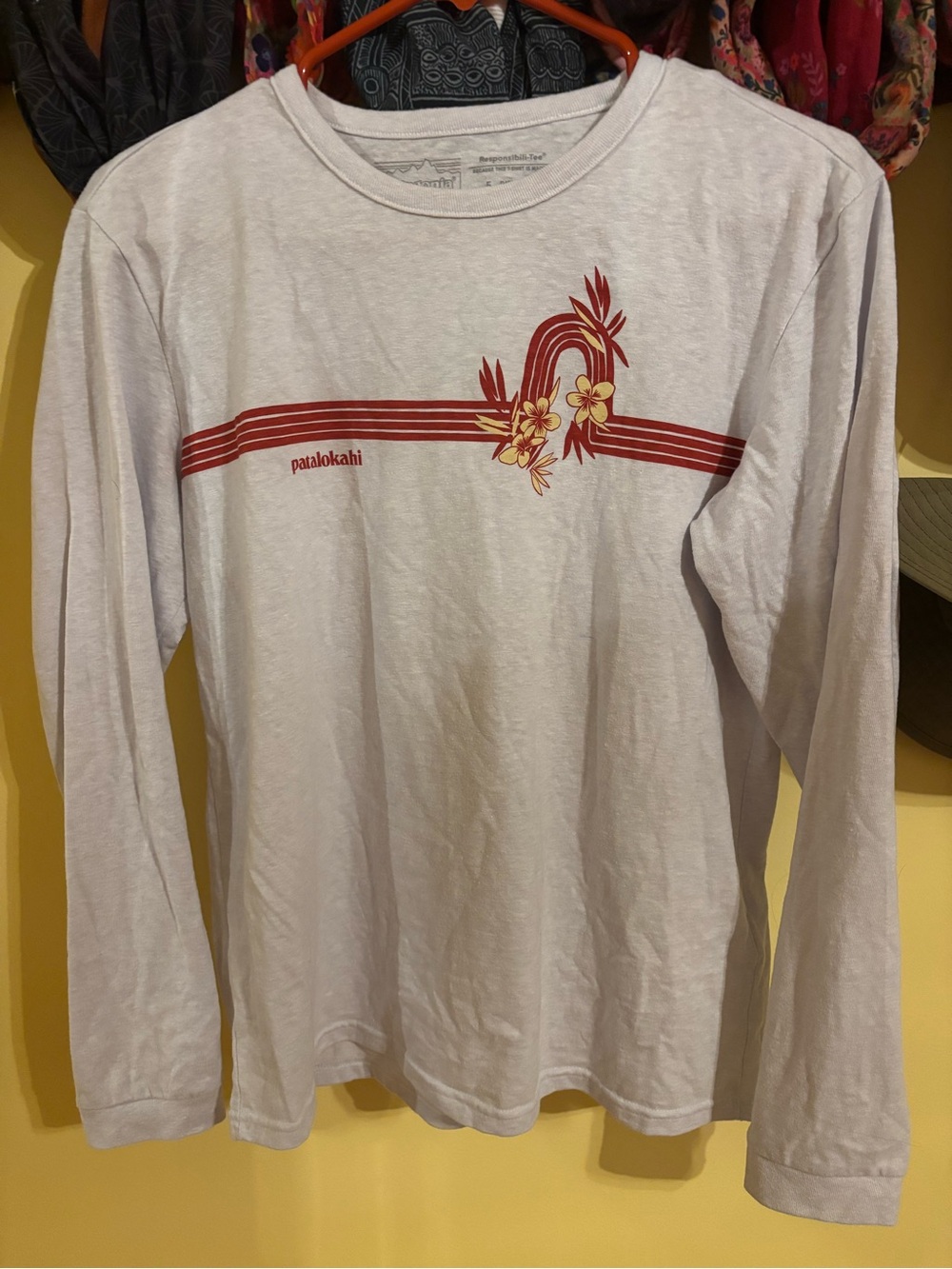 Patagonia White Long-Sleeve Tee with Red Floral Stripe